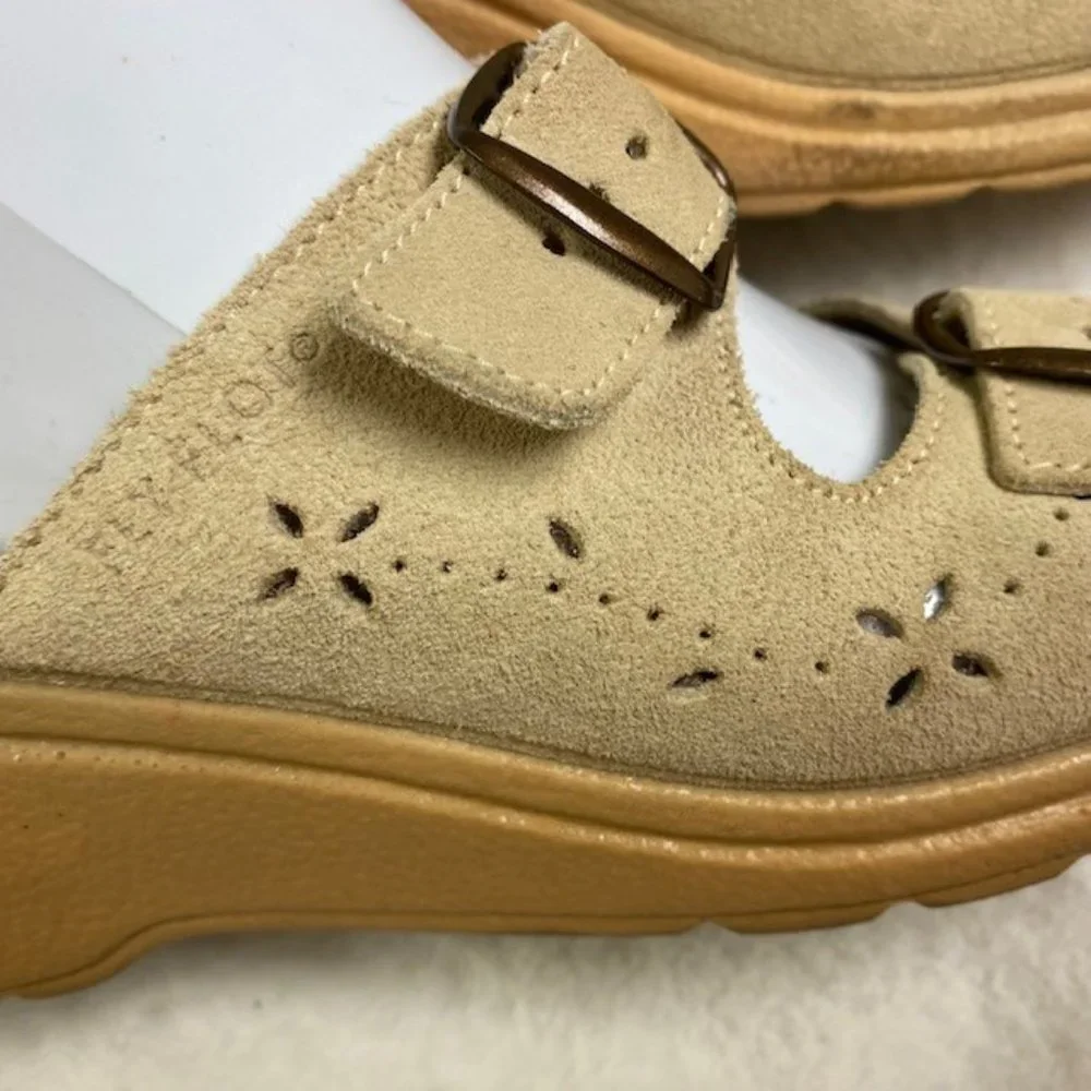 Fly Flot Tan Suede Double‎ Buckle Slip On Wedge Sandals US 5 EU 36